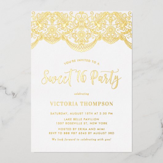 Elegante Brocade Kant Sweet 16 Party Folie Uitnodiging (Voorkant)