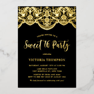 Elegante Brocade Kant Zwarte Sweet 16 Feest Folie Uitnodiging