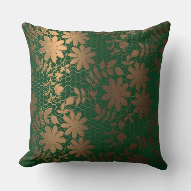 Elegante bronzen bloemen op hexagonaal rooster kussen (Voorkant)
