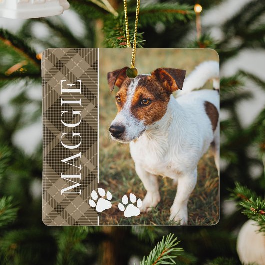 Elegante Brown Plaid Pet naam en foto Keramisch Ornament