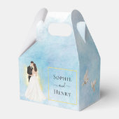 Elegante Bruid & Bruidegom gouden vliegende duiven Bedankdoosjes (Achterkant)