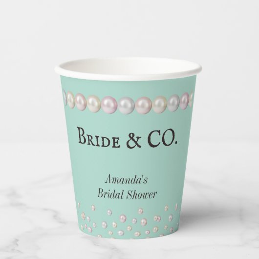 Elegante Bruid & Co Turquoise Blauwe Parel Bruidsu Papieren Bekers (Voorkant)