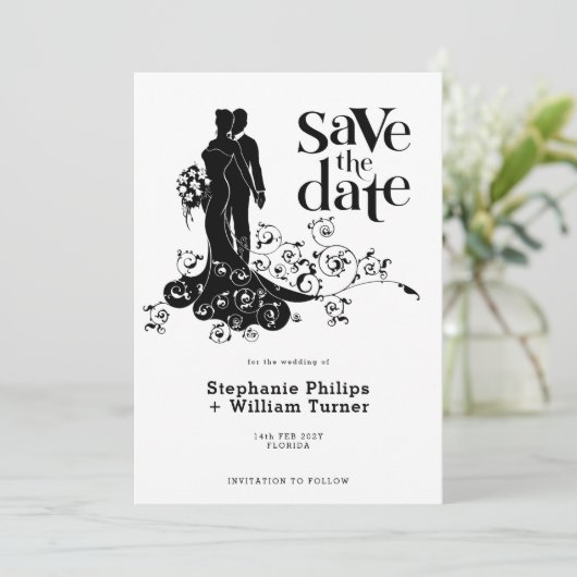 Elegante bruid en bruidegom bruiloft silhouet save the date (Staand voorkant)