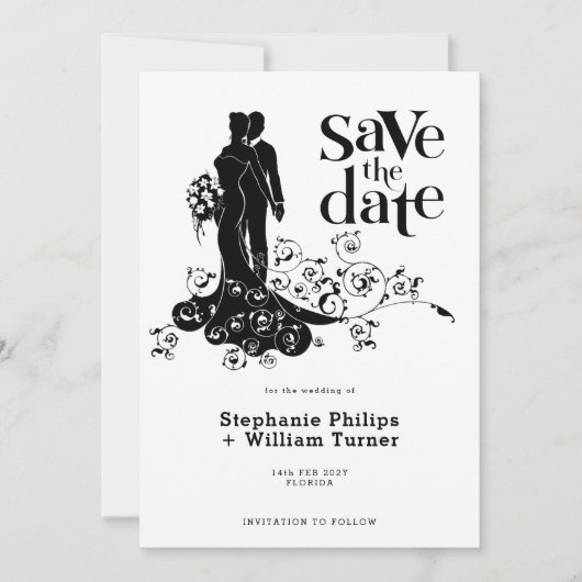 Elegante bruid en bruidegom huwelijks silhouet save the date (Voorkant)