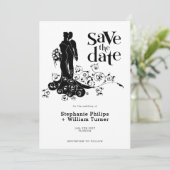 Elegante bruid en bruidegom huwelijks silhouet save the date (Staand voorkant)