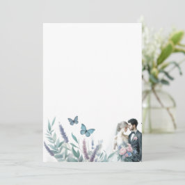 Elegante bruid en bruidegom met lavendel kaart