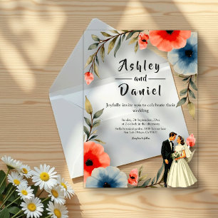 Elegante bruid en bruidegom Waterverf bloemenbruil Acryl Uitnodigingen