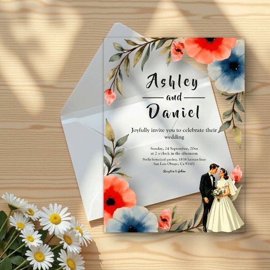 Elegante bruid en bruidegom Waterverf bloemenbruil Acryl Uitnodigingen