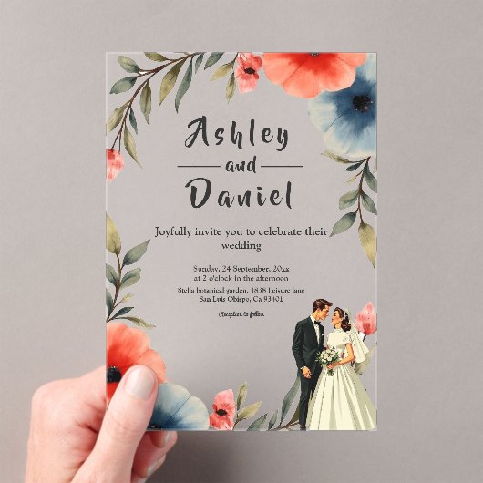 Elegante bruid en bruidegom Waterverf bloemenbruil Acryl Uitnodigingen (Insitu (Draagbaar))