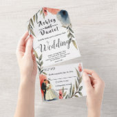 Elegante bruid en bruidegom Waterverf bloemenbruil All In One Uitnodiging (Afscheurbaar)