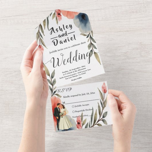 Elegante bruid en bruidegom Waterverf bloemenbruil All In One Uitnodiging (Afscheurbaar)