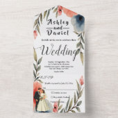 Elegante bruid en bruidegom Waterverf bloemenbruil All In One Uitnodiging (Binnen)