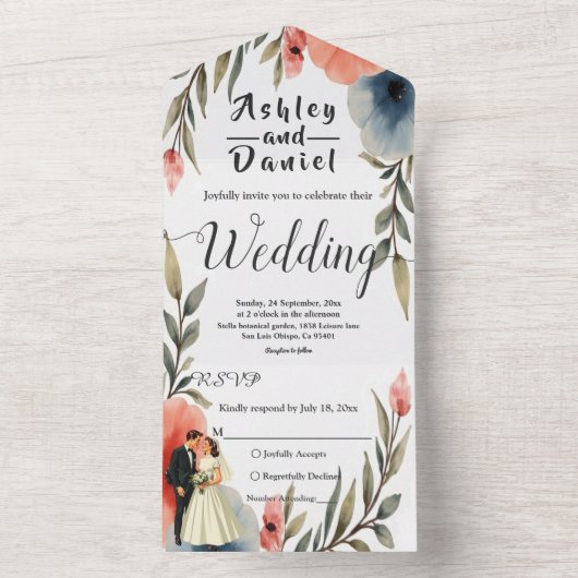 Elegante bruid en bruidegom Waterverf bloemenbruil All In One Uitnodiging (Binnen)