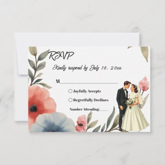 Elegante bruid en bruidegom Waterverf bloemenbruil RSVP Kaartje (Voorkant)