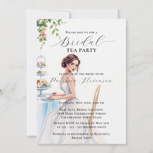 Elegante bruid in een witte jurk bruids thee parti kaart (Voorkant)