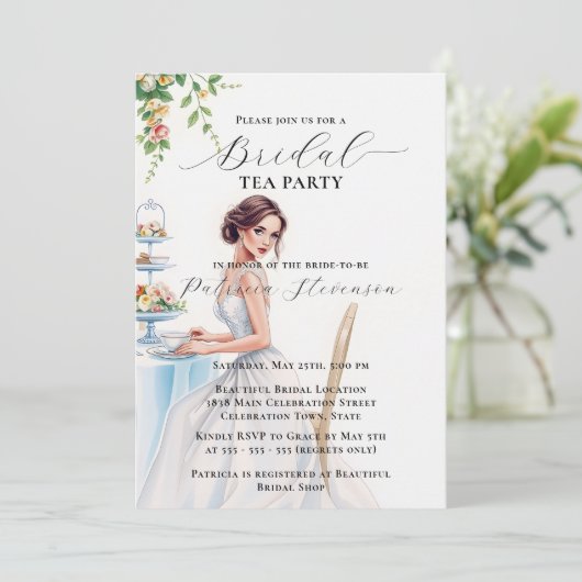 Elegante bruid in een witte jurk bruids thee parti kaart (Staand voorkant)