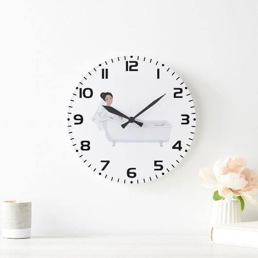 Elegante bruid ontspannen in bad bruiloft ontwerp grote klok