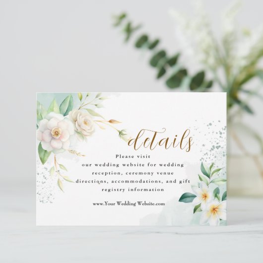 Elegante bruid witte bloemen en groene bladeren informatiekaartje (Staand voorkant)