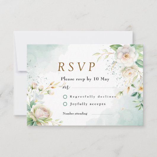 Elegante bruid witte bloemen en groene bladeren RSVP kaartje (Voorkant)