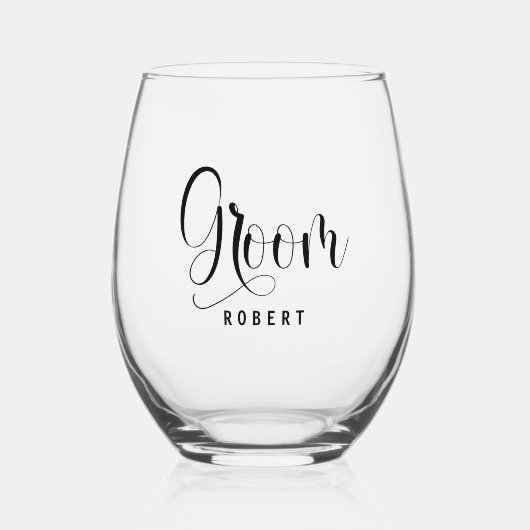 Elegante bruidegom kalligrafie bruiloft script wijnglas zonder voet (Voorkant)