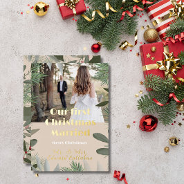 Elegante bruids foto perzik 1e kerst getrouwd folie feestdagenkaart