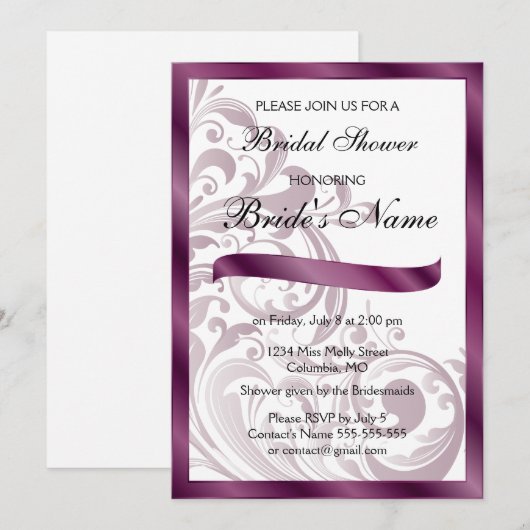 Elegante bruidsdouche uitnodiging - Paarse (Voorkant / Achterkant)