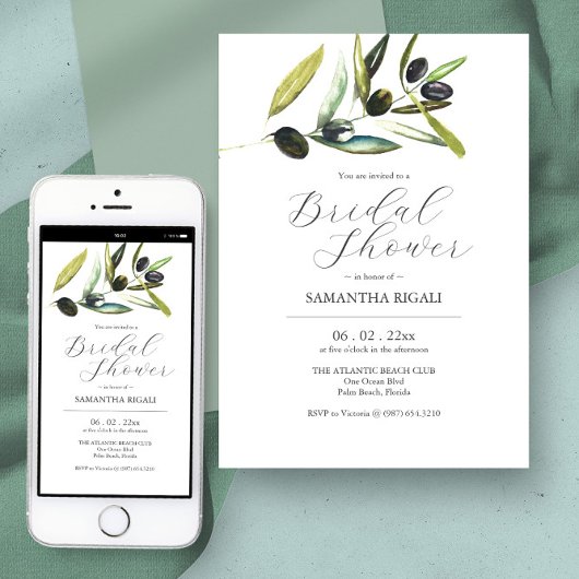 Elegante bruidsdouche uitnodigingen Waterverf Oliv