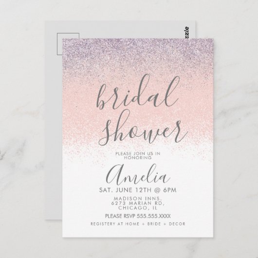 Elegante bruidsfeest faux ombré glitters roze  briefkaart (Voorkant / Achterkant)