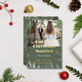 Elegante bruidsfoto groen 1e kerst getrouwd folie feestdagenkaart