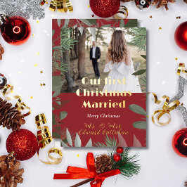 Elegante bruidsfoto rood 1e kerst getrouwd folie feestdagenkaart