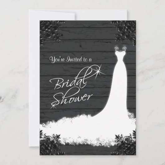 Elegante bruidsjurk op rustiek zwart hout kaart (Voorkant)