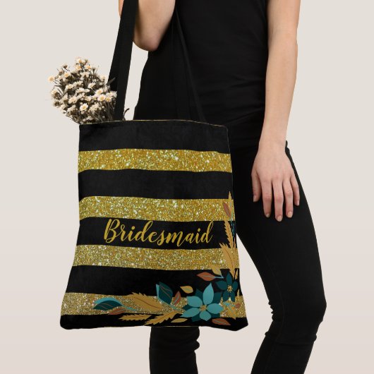 Elegante bruidsmeisje blos bloemrijke gouden strep tote bag (Dichtbij)