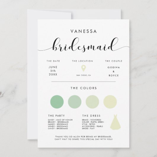 Elegante bruidsmeisje info kaart (Voorkant)