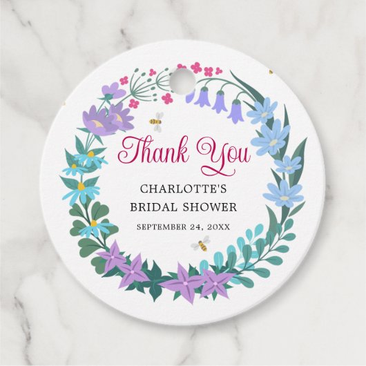 Elegante bruidsshower bloemige veldbloemen krans bedankjes labels (Voorkant)