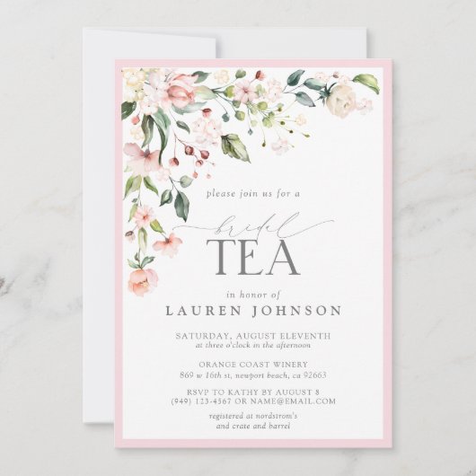 Elegante bruidsthee Waterverf Bloemen Roze Douche Kaart (Voorkant)