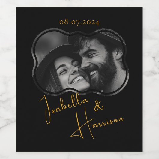 Elegante bruiloft aangepaste foto zwart en goud wijn etiket (Enkel label)