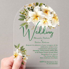 Elegante bruiloft azalea's witte gele bloemen acryl uitnodigingen