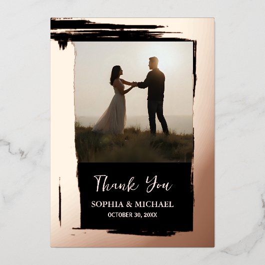 Elegante bruiloft bedankkaart 2 foto Roos Gold Folie Feestdagenkaart (Voorkant)