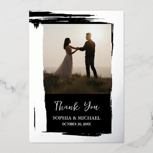 Elegante bruiloft bedankkaart 2 foto zilver folie feestdagenkaart (Voorkant)