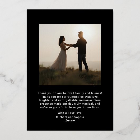 Elegante bruiloft bedankkaart 2 foto zilver folie feestdagenkaart (Achterkant)