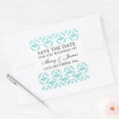 Elegante bruiloft Bewaar de datum Blauwe Damask Vierkante Sticker (Envelop)