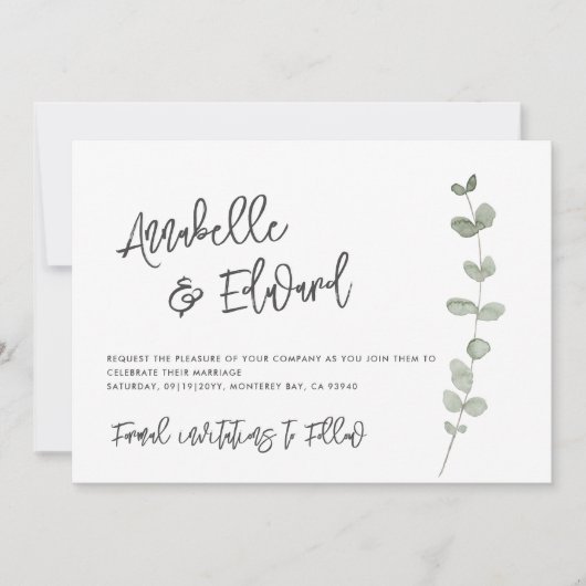 Elegante bruiloft bewaar de datum eucalyptus foto kaart (Voorkant)