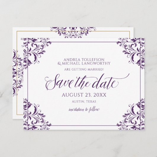 Elegante bruiloft Bewaar de datum  pruim Aankondigingskaart (Voorkant / Achterkant)