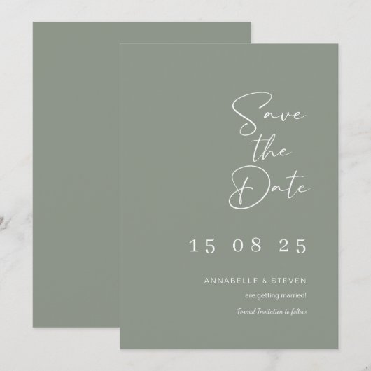 Elegante bruiloft bewaar de datums salie groen kaart (Voorkant / Achterkant)