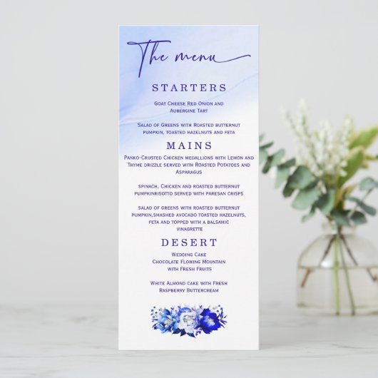 Elegante bruiloft blauw en zilver menu (Staand voorkant)