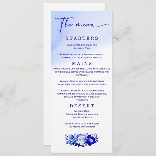 Elegante bruiloft blauw en zilver menu (Voorkant / Achterkant)