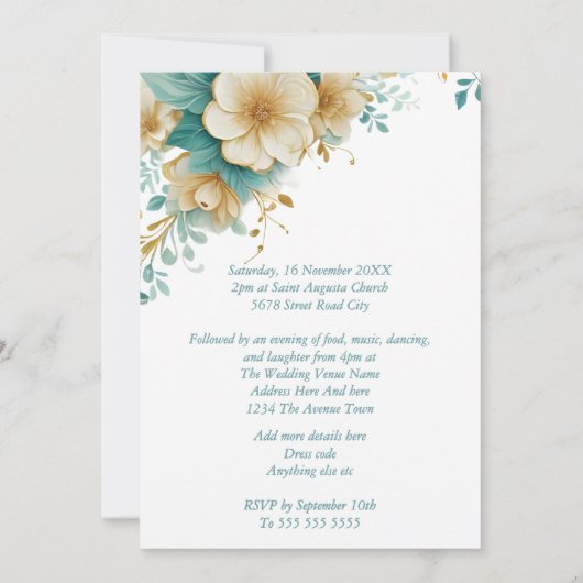 Elegante bruiloft blauw groen op witte bloemen kaart (Achterkant)