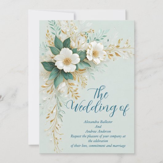 Elegante bruiloft Blauw Groen Wit Gouden Bloemen Kaart (Voorkant)