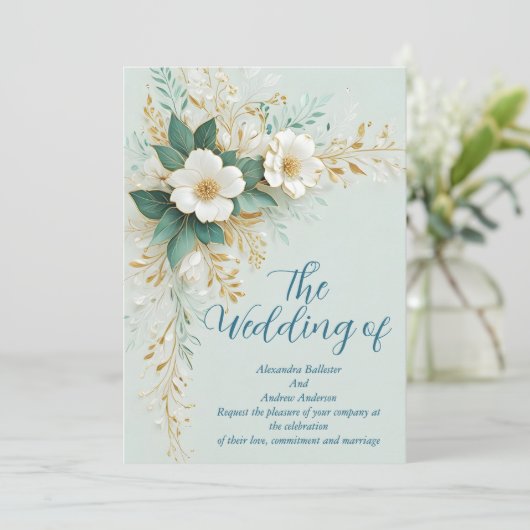 Elegante bruiloft Blauw Groen Wit Gouden Bloemen Kaart (Staand voorkant)