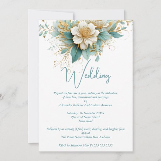 Elegante bruiloft Blauw Groen Witte Bloemen Kaart (Voorkant)